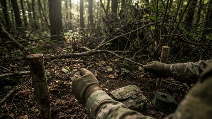 Soldier laying tripping wire in forest. Military training exercise or combat scenario in dense woodland for defense or ambush. First person perspective.