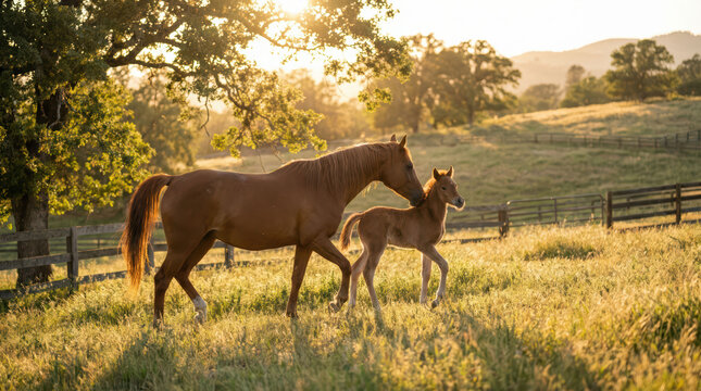 Arabian horse mare foal pasture sunlight golden hour countryside mother foal bond