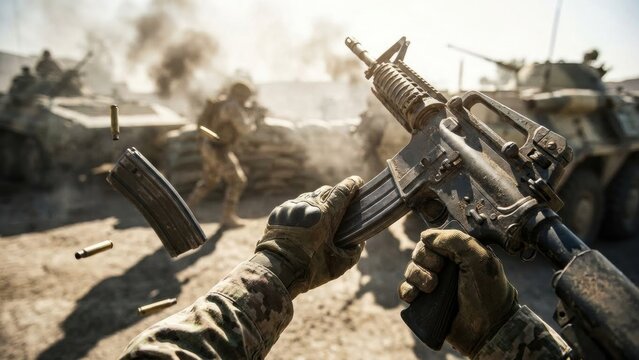 Soldier reloads an assault rifle in first person perspective during a military operation with armored vehicle and tactical combat.
