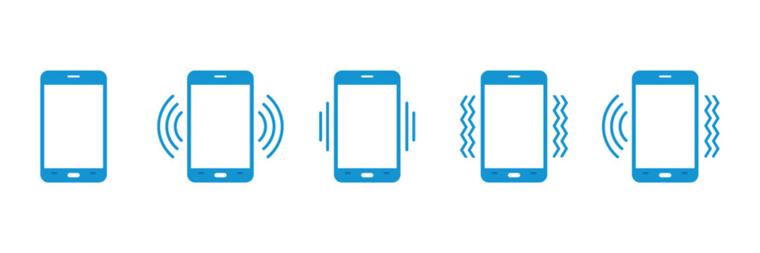 Five blue smartphone icons with increasing vibration signals Isolated On Transparent Background