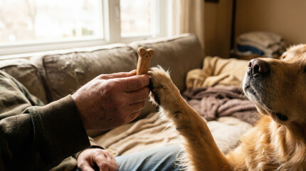 Golden retriever paw and dog biscuits in cozy living room scene with human hand offering treat and warm natural light