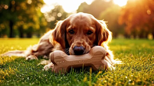 Golden Retriever dog enjoying a bone in a sunny park with lush green grass and warm sunlight dappling through the trees