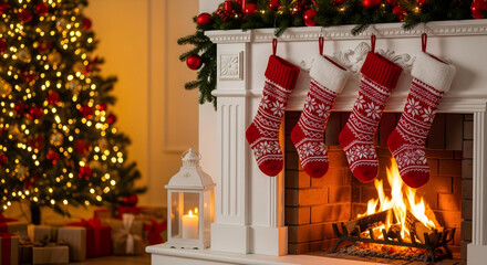 Christmas gift socks hung on fireplace on Christmas eve. Stockings on fireplace in living room, Xmas tree with light on background. Festive stylish room interior for Advent Calendar . AI