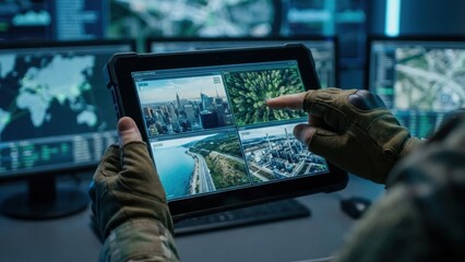 Soldier in pov hands is switching aerial views on tablet. Military personnel working with surveillance, reconnaissance, strategy, and security operations.