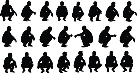 Crouching people silhouettes collection, men squatting poses from multiple angles, human body positions set, black illustration isolated on white background