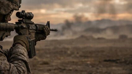 Obraz premium Soldier aiming assault rifle, first-person view of combat zone, military operation, war or conflict theme for news and documentary reportage.