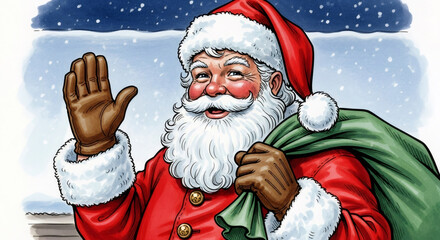 Vintage painted christmas post card with happy Traditional santa claus holding bag of gifts. vintage antique retro style. Festive background. Home Xmas time. Greeting card or banner copy space