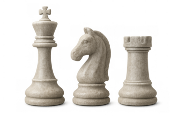 Chess king, knight, and rook stone pieces on transparent background representing strategy and challenge