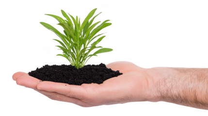 Hand holding green plant soil growth nature environment care sustainability ecology hope nurturing