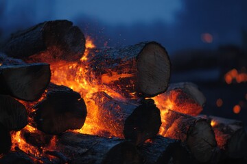 Intense fire burning wood in dark
