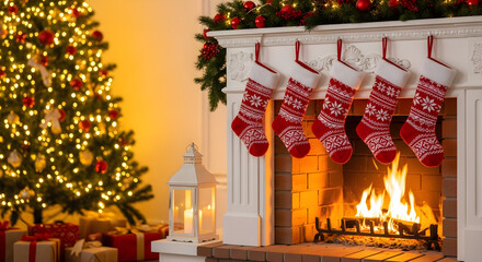 Christmas gift socks hung on fireplace on Christmas eve. Stockings on fireplace in living room, Xmas tree with light on background. Festive stylish room interior for Advent Calendar . AI