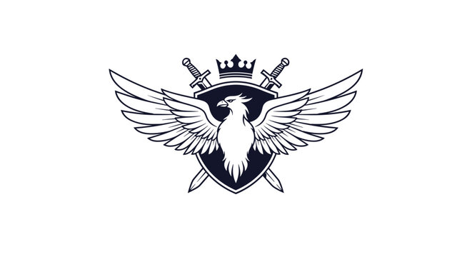 A powerful heraldic emblem featuring a phoenix with spread wings on a shield, with a crown above and two crossed swords behind it.