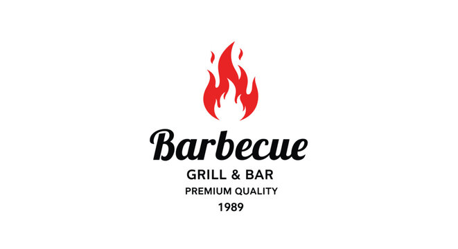 A clean and simple logo for a barbecue grill and bar, featuring a red flame icon above the 'Barbecue' script and modern typography.