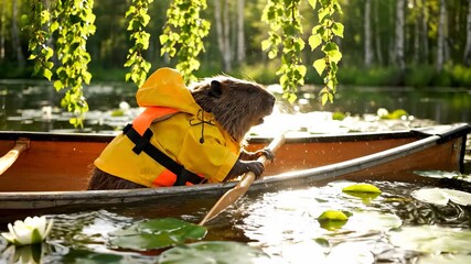 Beaver uses paddle in canoe on lake. Water splashes near lilypad and oar. Beaver wears lifejacket while exploring nature and wildlife. Sunlight filters through birch forest and reflects on water.