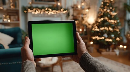 Person holding tablet with green screen