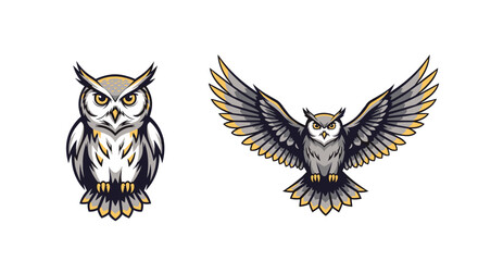 A set of two fierce owl mascots for a sports team, one sitting perched and another flying with its powerful wings spread wide open.