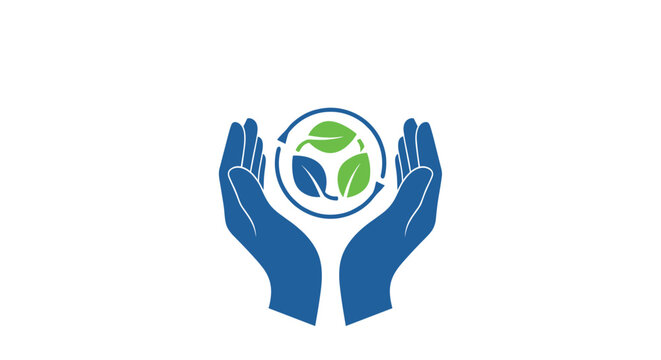 A simple, symbolic logo of two hands holding and protecting a recycling symbol made of green and blue leaves for environmental care.