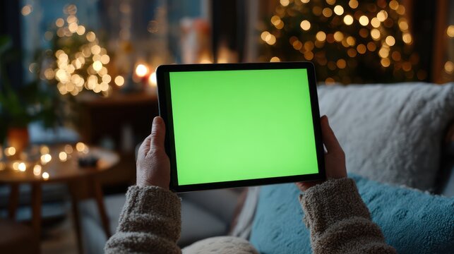 Tablet mockup in festive Christmas room - Powered by Adobe