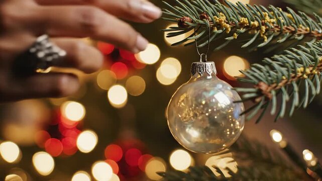Close Up Hand Placing Antique Glass Bauble on Christmas Tree Macro