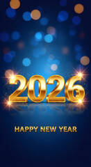 Golden 2026 text with sparkling effects on a blue background, celebrating New Years Eve, conveying joy and excitement for the upcoming year with vibrant colors and festive atmosphere