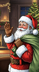 Vintage painted christmas post card with happy Traditional santa claus holding bag of gifts. vintage antique retro style. Festive background. Home Xmas time. Greeting card or banner copy space