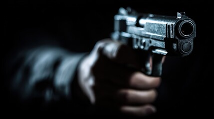 Aiming a pistol in dark shooting range