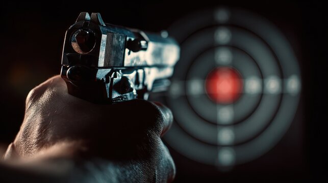 Focus on gun barrel aiming at target