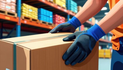 Warehouse worker lifting package industrial facility illustration indoor setting close-up logistics management