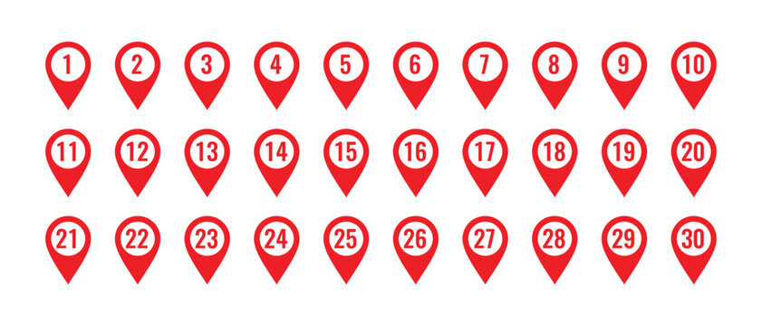 Red Numbered Location Pins 1 to 30 map marker navigation Isolated On Transparent Background