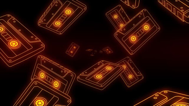 Outline stroke golden neon cartoon music cassete tapes appearing and flying from center towards camera. Seamless loop. Colorful 3d animation of retro mixtapes flying rotating.