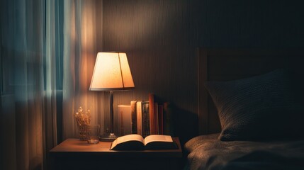 Bedside table with glowing reading lamp