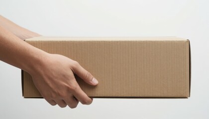 Package delivery action by hand indoor location image of a cardboard box minimalistic environment close-up view e-commerce concept