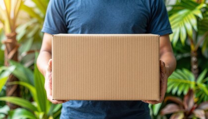 Delivery action person holding brown box lush greenery environment close-up perspective e-commerce concept