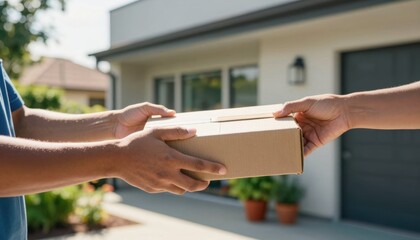 Package delivery exchange residential driveway photography daytime close-up efficient last-mile logistics