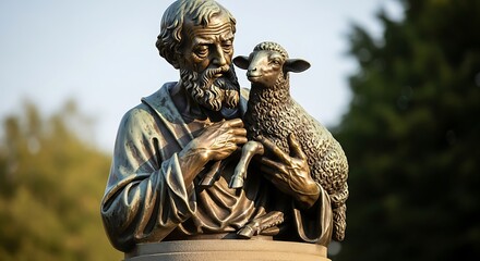 Bronze sculpture of an elder holding a young sheep with serene expression.