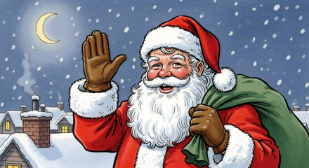 Vintage painted christmas post card with happy Traditional santa claus holding bag of gifts. vintage antique retro style. Festive background. Home Xmas time. Greeting card or banner copy space