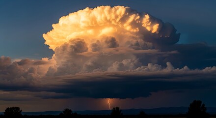 Dramatic thunderstorm illuminates the sky with golden light and lightning.