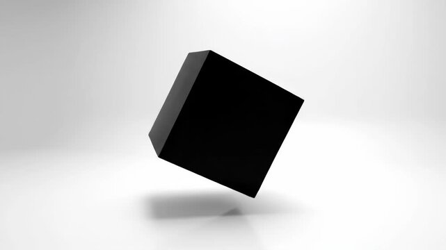 Minimalist Black Cube Floating in Pure White Void with Soft Shadow 3D Render