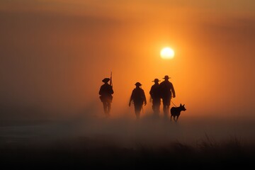 Silhouetted soldiers and dog walking into sunset