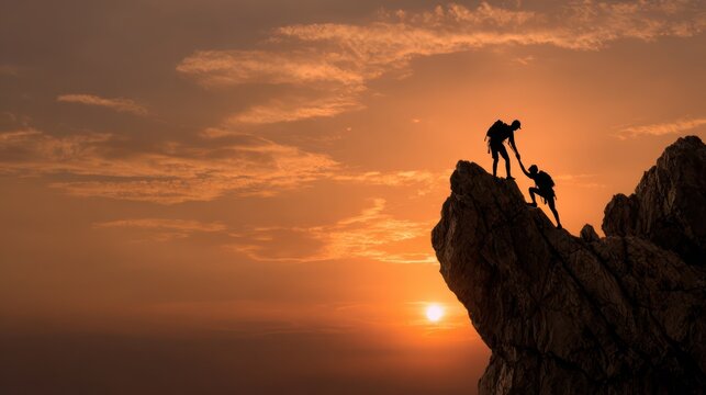 Climber reaching out to help partner upward