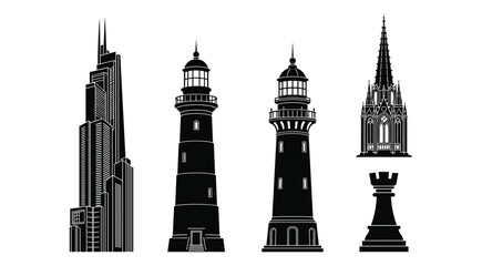 Black silhouette collection of skyscraper lighthouse gothic building and chess piece architecture © Olaja Vector Vision