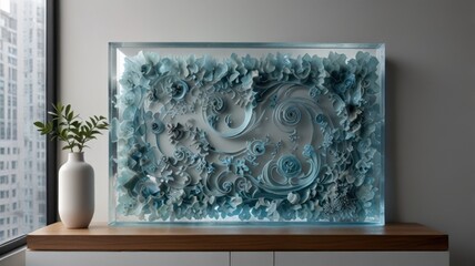 Storm Gray And Ice Blue Resin Glass Panels In Modern Biophilic Office Interior