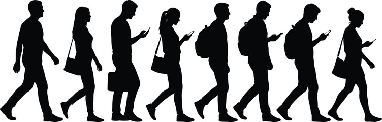 Black silhouettes of people walking and looking at smartphones mobile phone