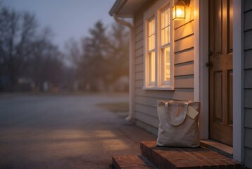 Anonymous donation bag at shelter entrance, soft ambient lighting