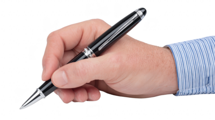 Hand holding black ballpoint pen writing gesture close up adult male striped shirt isolated on transparency background business concept professional focus on pen
