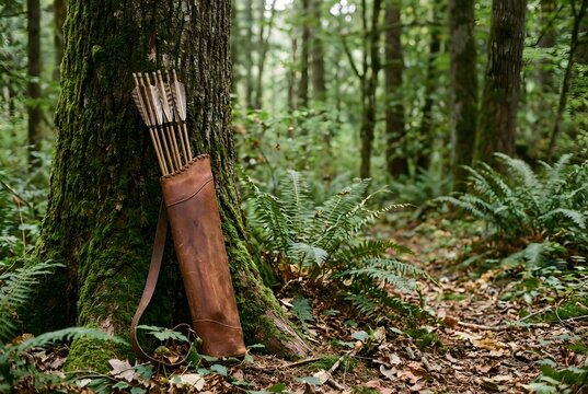 Archery quiver with arrows leaning against a forest tree