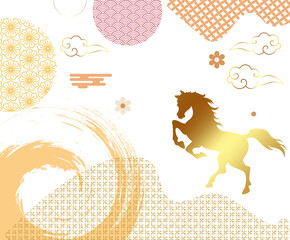 Fototapeta premium Artistic Chinese New Year 2026 Year of the Horse Illustration with Golden Rearing Horse Silhouette, Abstract Orange Patterns, Ink Brush Strokes, and Clouds on Clean White Background