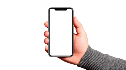Hand holding smartphone with blank white screen, isolated on transparent background, perfect for app mockup, technology presentation, or digital design, modern and clean style