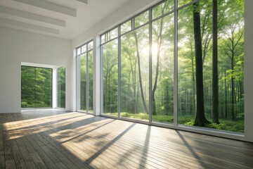 Modern minimalist living room with floor-to-ceiling windows overlooking a vibrant green forest, letting in natural light and shadows.