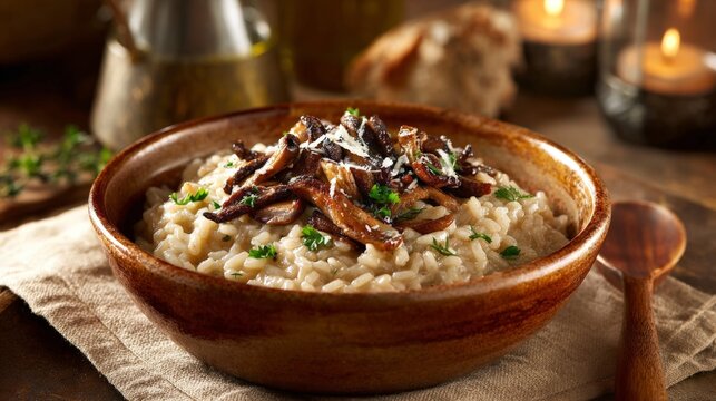 A bowl of mushroom risotto sits on a table with candles and a wooden spoon. The dish is topped with mushrooms and cheese, and it looks delicious. The candles create a warm and cozy atmosphere